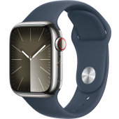 Apple Watch Series 9 GPS + Cellular 41mm Silver S. Steel Case w. Storm Blue Sport Band - S/M (MRJ23)