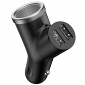 Baseus Y Type Dual USB + Cigarette Lighter Extended Car Charger 3.1A, Black