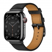Apple Watch Hermes Series 7 LTE 41mm Space Black Stainless Steel Case w. Noir Swift Leather Single Tour (MKHP3)