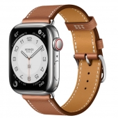 Apple Watch Hermes Series 7 LTE 41mm Silver Stainless Steel Case w. Gold Swift Single Tour (MKHN3)