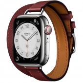 Apple Watch Hermes Series 7 LTE 41mm Silver Stainless Steel Case w. Rouge H Swift Attelage Double Tour (MKLY3, MKLK3+MKG23)